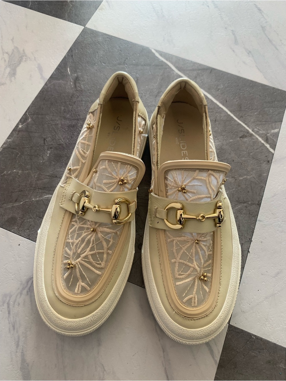 J Slides Cream Floral Embroidered Loafers with Gold Hardware